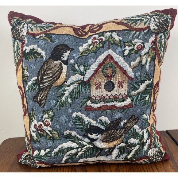 Tapestry Throw Accent Pillow 18”Christmas Chickadee  Mohawk Home Holly Snow Vtg - Picture 1 of 14